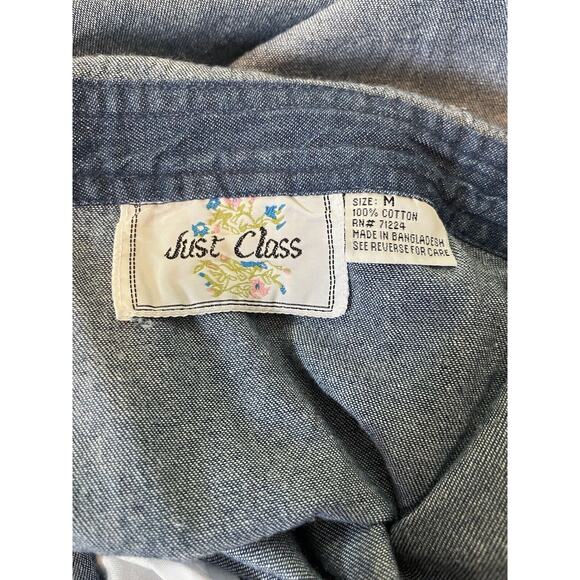 Vintage Just Class Size M Blue Denim Pinafore Jumper Dress Embroidered Flowers - Picture 3 of 4